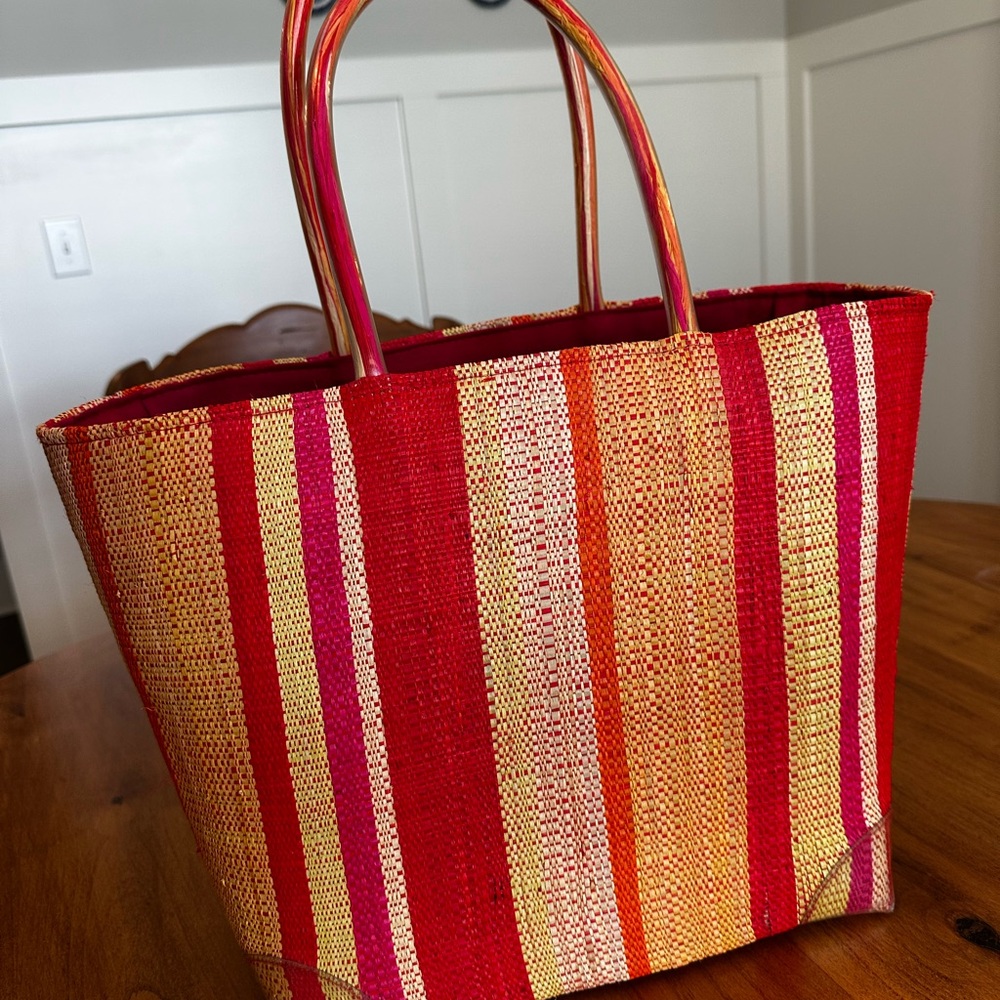 Kaloes Striped Red and Orange & green rafia Tote Bag